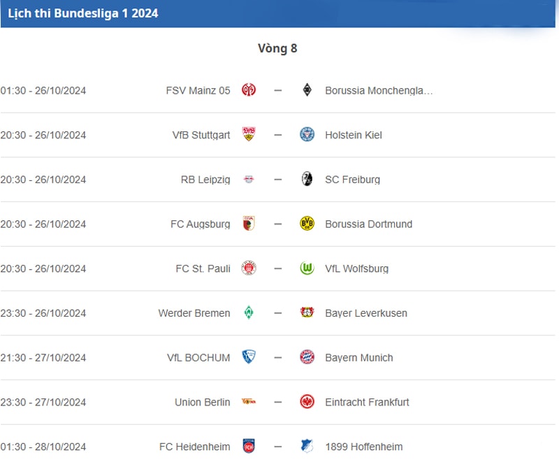 Lịch thi Bundesliga 1 2024