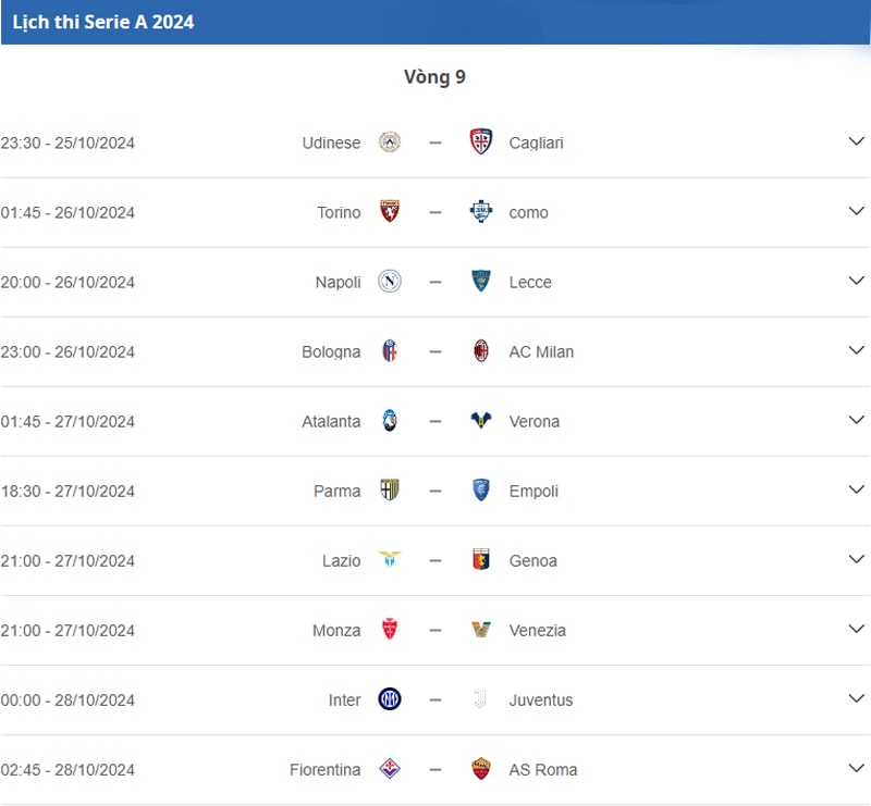 Lịch thi đấu serie A 2024