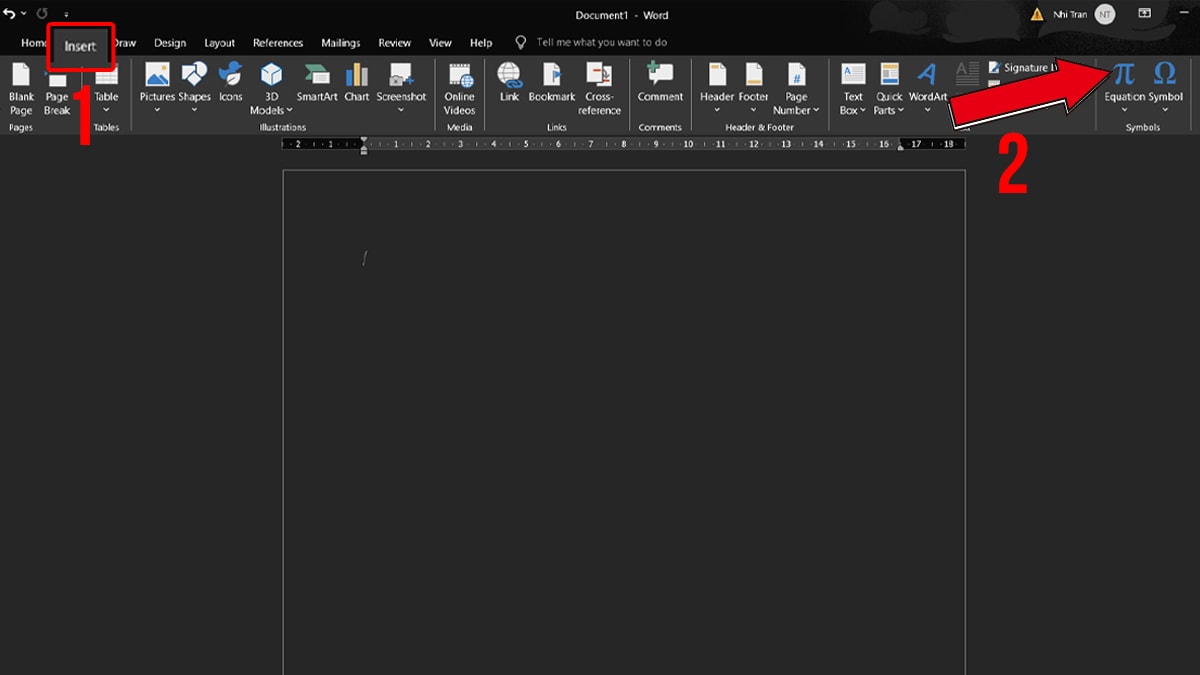 Chèn công thức toán học trong Word bằng công cụ có sẵn bước 1