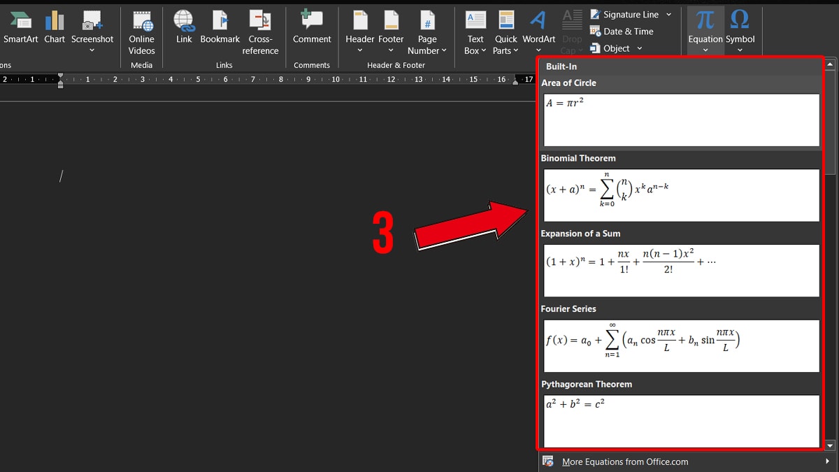 Chèn công thức toán học trong Word bằng công cụ có sẵn bước 2