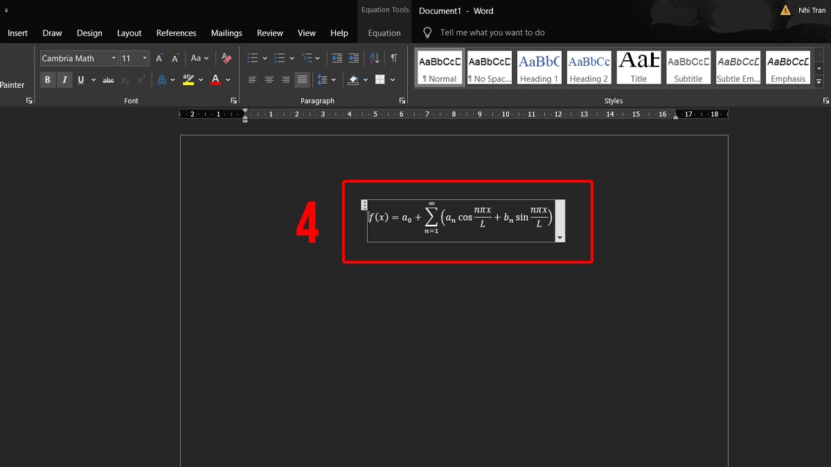 Chèn công thức toán học trong Word bằng công cụ có sẵn bước 3