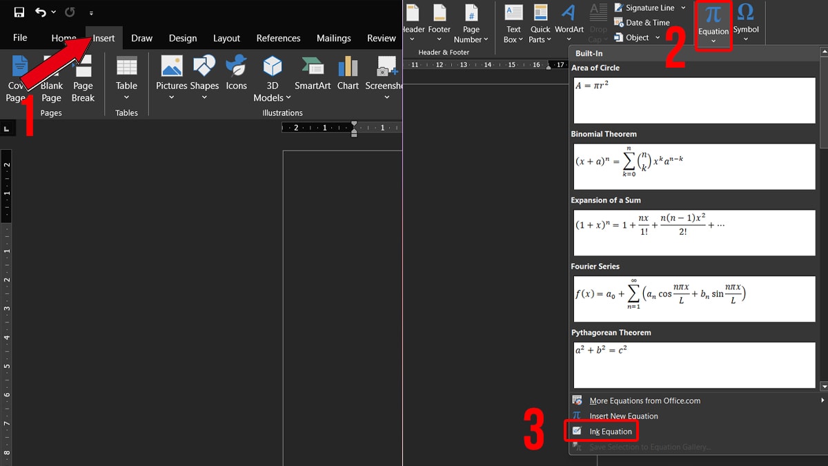 Cách viết công thức toán học trong Word bằng Ink Equation bước 1