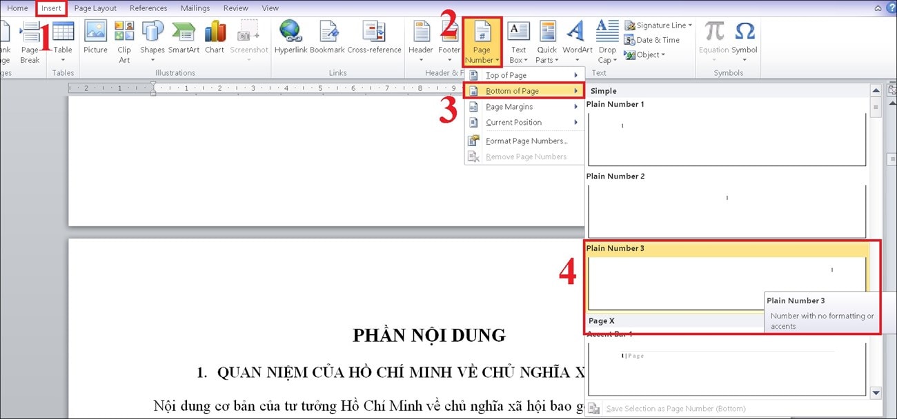 Tiếp tục chọn insert >page number> chọn vị trí cần đánh dấu trang