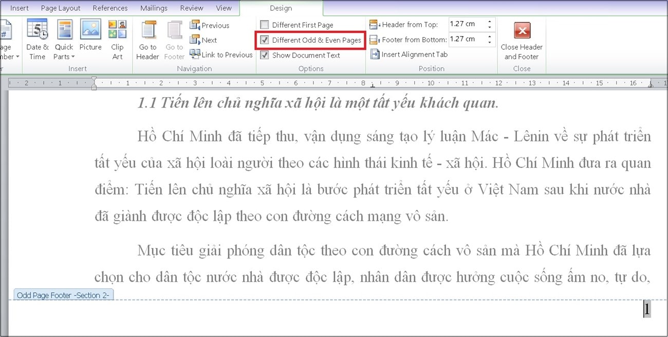 Để đánh số trang tùy biến chẵn và lẻ, bạn chỉ cần nhấp vào mục Different Odd & Even Pages