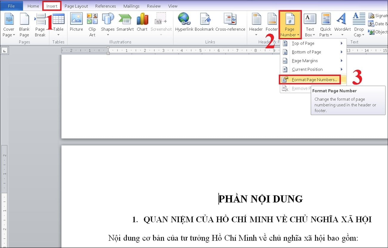 Chọn insert >page numbers> Format page numbers 