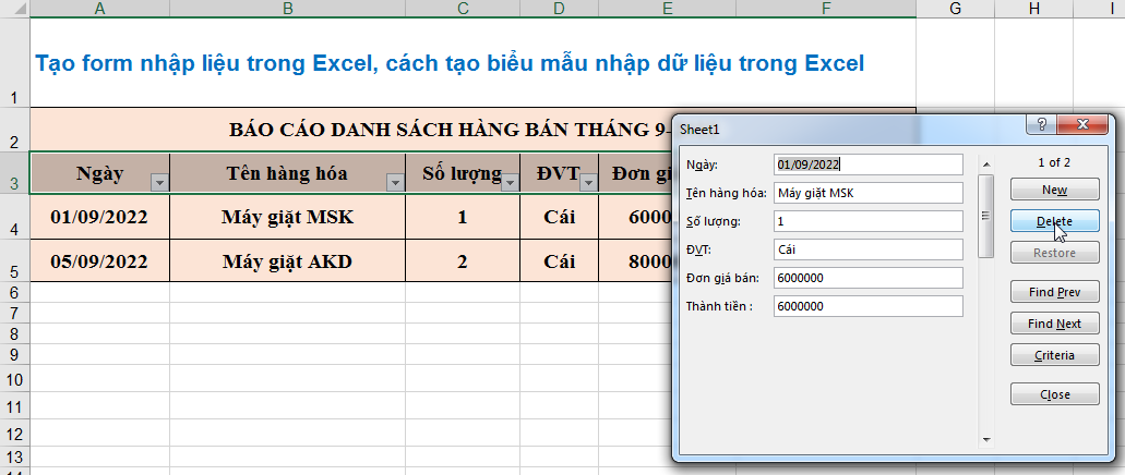 Tạo form nhập liệu trong Excel, cách tạo biểu mẫu nhập dữ liệu trong Excel 16