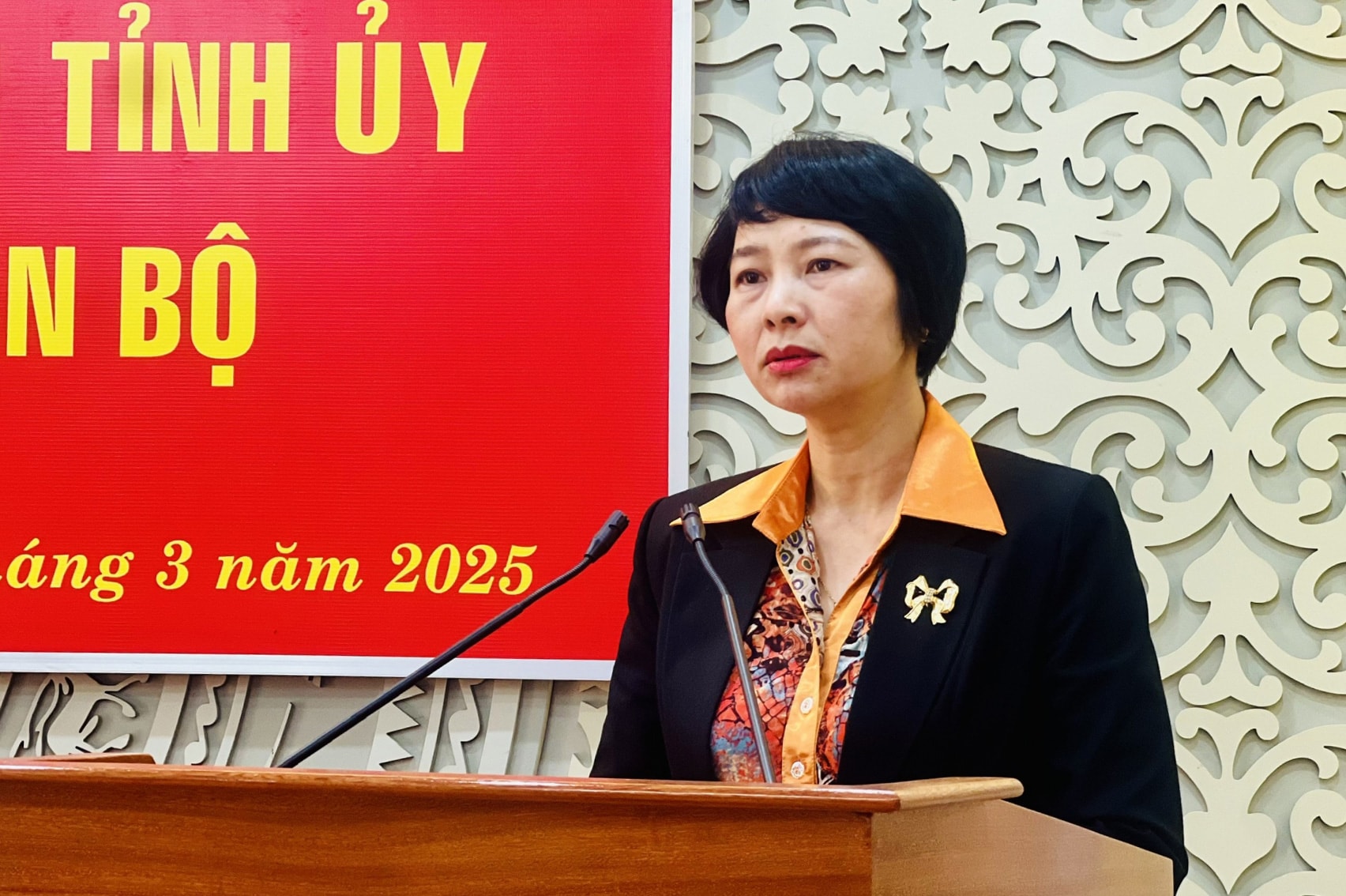 Đồng chí Phạm Thị Phúc - Phó Bí thư Thường trực Tỉnh uỷ, Chủ tịch HĐND tỉnh phát biểu chúc mừng và giao nhiệm vụ cho đồng chí Vũ Tuấn Anh