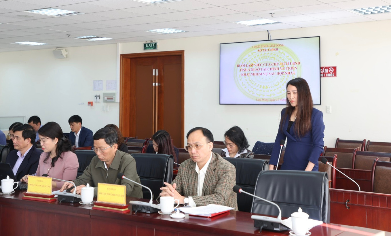 Bà Phan Thị Thanh Vân - Trưởng Trưởng Phòng Tổng hợp (Sở Tài chính) báo cáo vướng mắc trong phê duyệt dự án và công tác phối hợp...