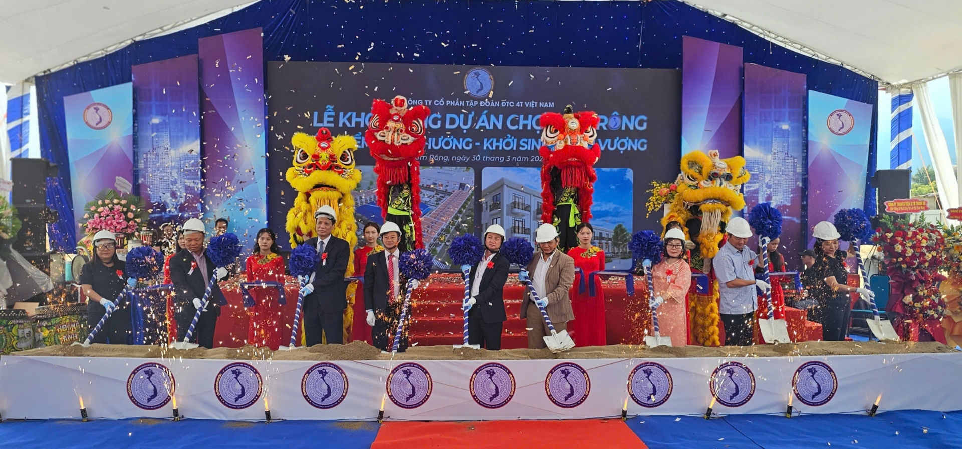 Đồng chí K’Mák - Ủy viên Ban Thường vụ Tỉnh ủy, Phó Chủ tịch HĐND tỉnh cùng các đồng chí lãnh đạo huyện Đam Rông và Tập đoàn ĐTC 4T Việt Nam thực hiện nghi thức Lễ khởi công