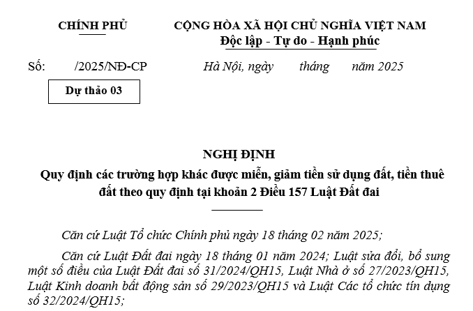 Cập nhật dự thảo Nghị định về các trường hợp khác được miễn giảm tiền sử dụng đất