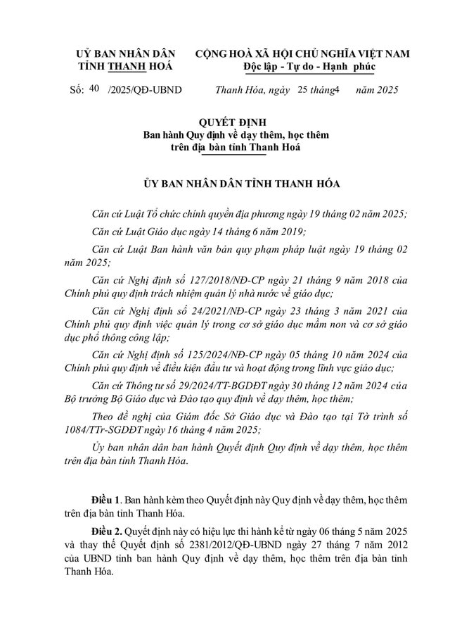 Quy định về dạy thêm, học thêm trên địa bàn tỉnh Thanh Hóa- Ảnh 1. Quy định về dạy thêm, học thêm trên địa bàn tỉnh Thanh Hóa- Ảnh 1.