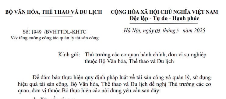 Đã có toàn văn Công văn 1949/BVHTTDL-KHTC về tăng cường công tác quản lý tài sản công