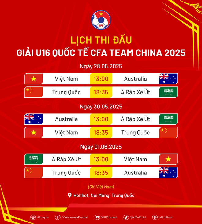 Lịch thi đấu Giải U16 Quốc tế CFA Team China 2025. (Ảnh: VFF) lichthidau-giaiu16quocte2025.png