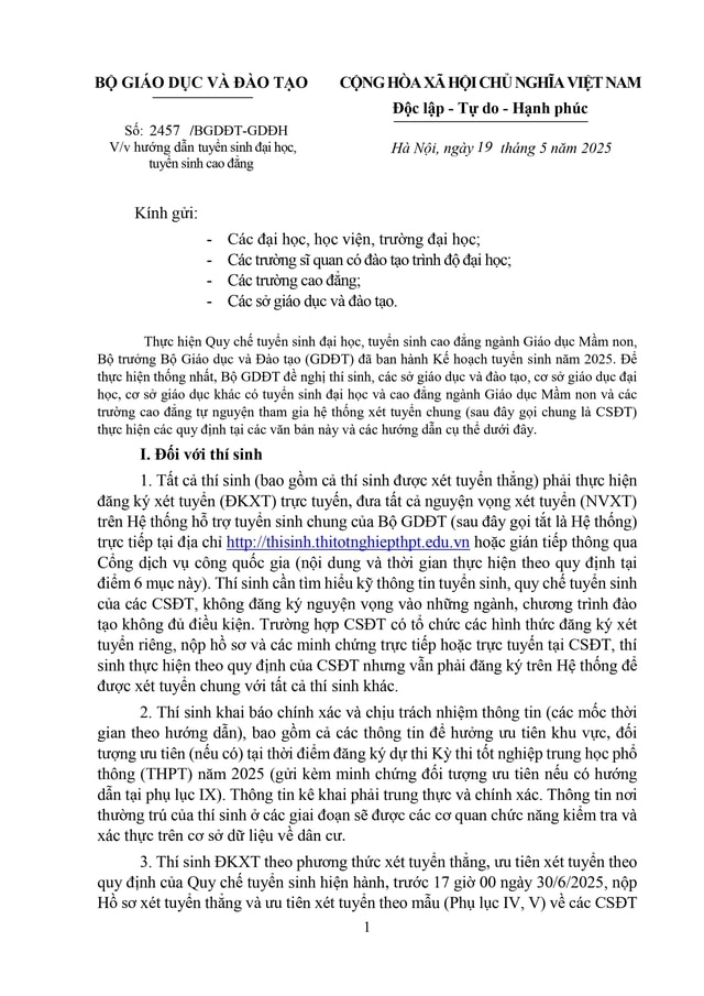 Công văn 2457/BGDĐT-GDĐH hướng dẫn tuyển sinh đại học, cao đẳng năm 2025- Ảnh 1.