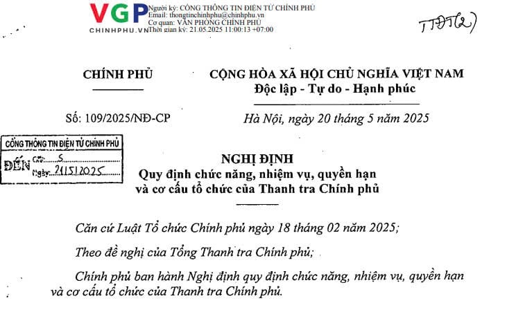 Đã có Nghị định 109/2025/NĐ-CP về nhiệm vụ quyền hạn và cơ cấu tổ chức Thanh tra Chính phủ