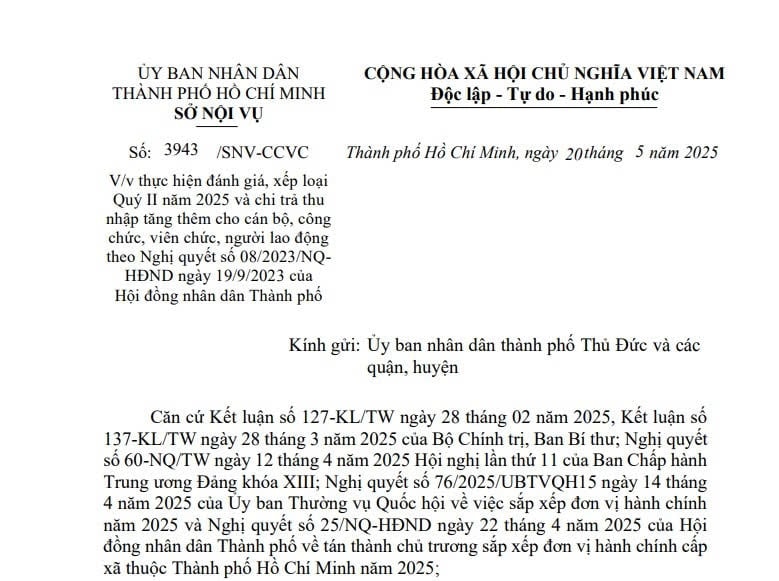 Công văn 3943: TPHCM chi trả thu nhập tăng thêm và đánh giá xếp loại quý II năm 2025 với công chức, viên chức 