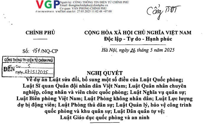 Đã có Nghị quyết 151/NQ-CP chính thức thông qua dự án Luật sửa đổi 11 Luật về quân sự quốc phòng