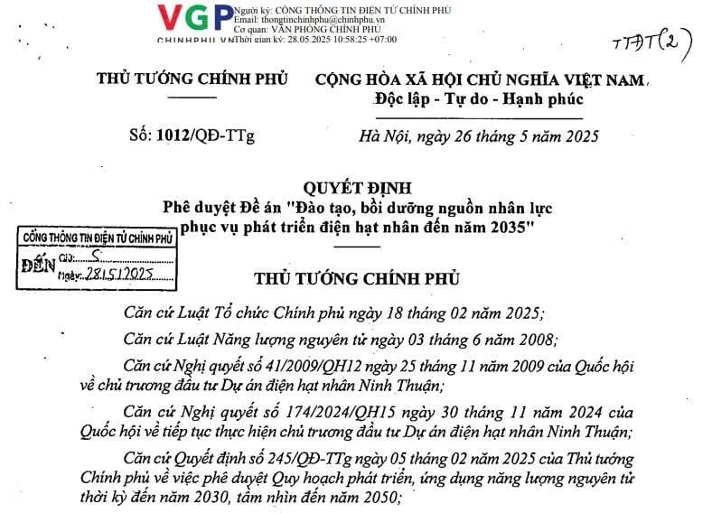 Quyết định 1012/QĐ-TTg: Đề án đào tạo, bồi dưỡng nguồn nhân lực phục vụ phát triển điện hạt nhân đến năm 2035