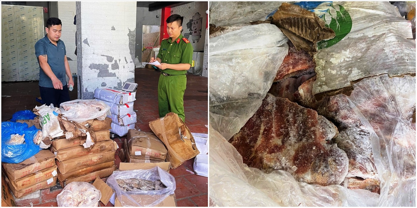     Ảnh: Cán bộ Phòng Cảnh sát kinh tế Công an tỉnh kiểm tra số thực phẩm đông lạnh không có hóa đơn, chứng từ chứng minh nguồn gốc, xuất xứ.