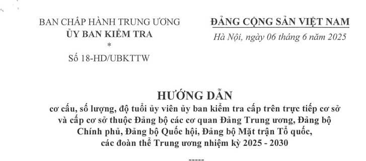 Đã có Hướng dẫn 18-HD/UBKTTW về cơ cấu số lượng độ tuổi ủy viên Ủy ban kiểm tra cấp trên trực tiếp cơ sở