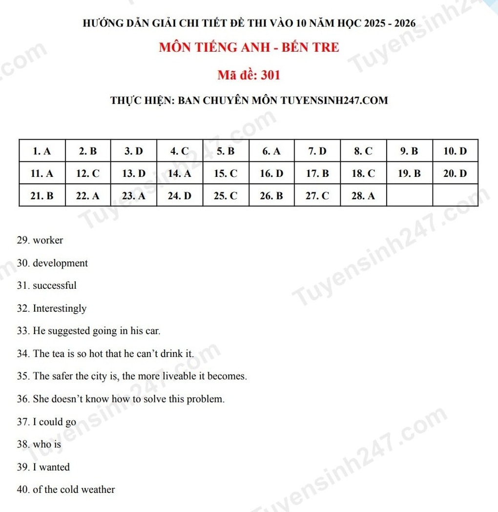 Đáp án tất cả các môn thi vào lớp 10 năm 2025 của tỉnh Bến Tre - 9