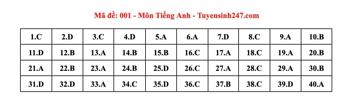 Đáp án tham khảo môn Tiếng Anh vào lớp 10 tại Hà Nội, mã đề thi 001. Ảnh: Tuyensinh247