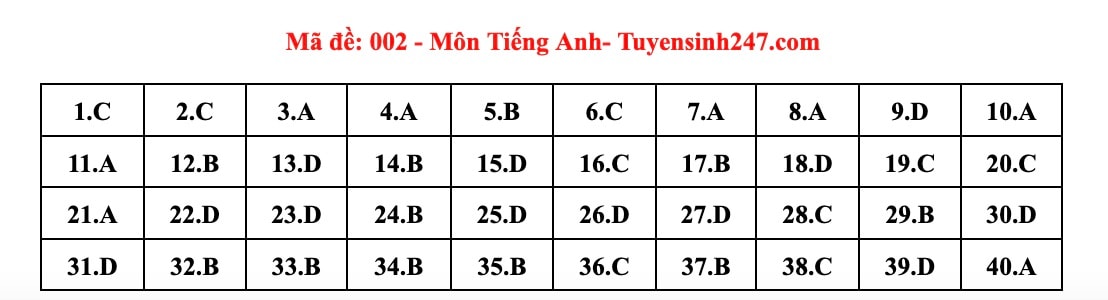 Đáp án tham khảo môn Tiếng Anh vào lớp 10 tại Hà Nội, mã đề thi 002. Ảnh: Tuyensinh247