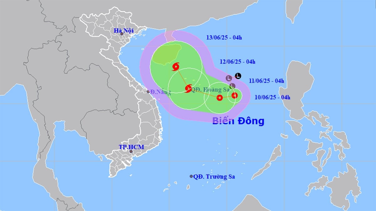 Dự báo đường đi và khu vực ảnh hưởng của áp thấp nhiệt đới trên Biển Đông. (Nguồn: NCHMF)