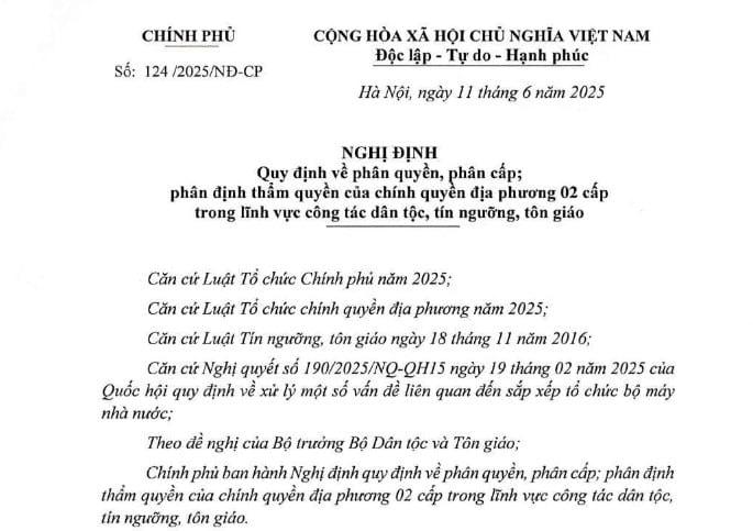 Đã có Nghị định 124/2025/NĐ-CP về phân định thẩm quyền của chính quyền địa phương trong công tác dân tộc, tín ngưỡng, tôn giáo