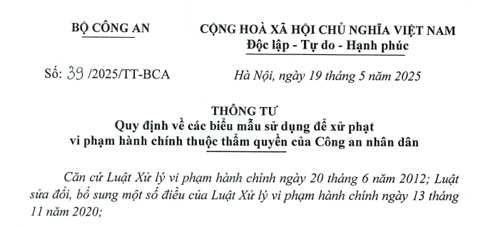 Đã có Thông tư 39/2025/TT-BCA về biểu mẫu xử phạt vi phạm hành chính của Công an