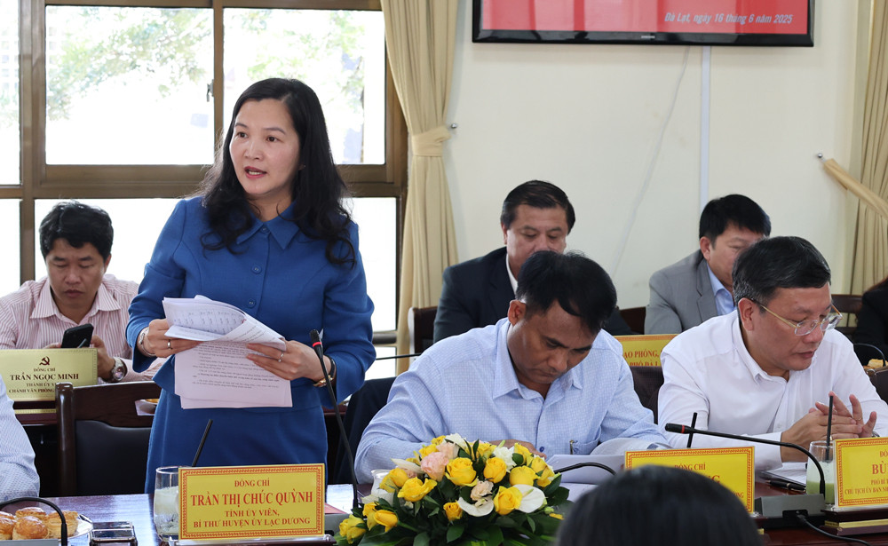 Đồng chí Trần Thị Chúc Quỳnh - Bí thư Huyện ủy Lạc Dương báo cáo tại buổi làm việc