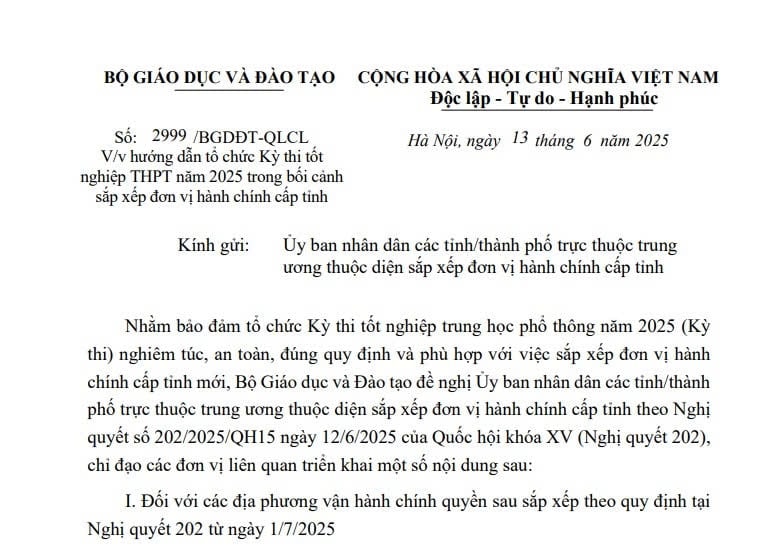 Công văn 2999/BGDĐT-QLCL: Hướng dẫn tổ chức Kỳ thi tốt nghiệp THPT năm 2025 khi sáp nhập tỉnh thành