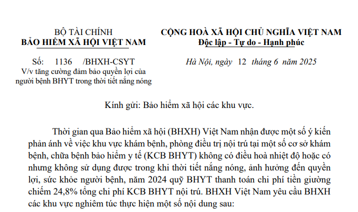Công văn 1136/BHXH-CSYT: Đảm bảo quyền lợi người bệnh BHYT trong thời tiết nắng nóng