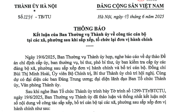 Đã có Thông báo 2291 kết luận về công tác cán bộ xã phường sau sáp nhập tại Hà Nội