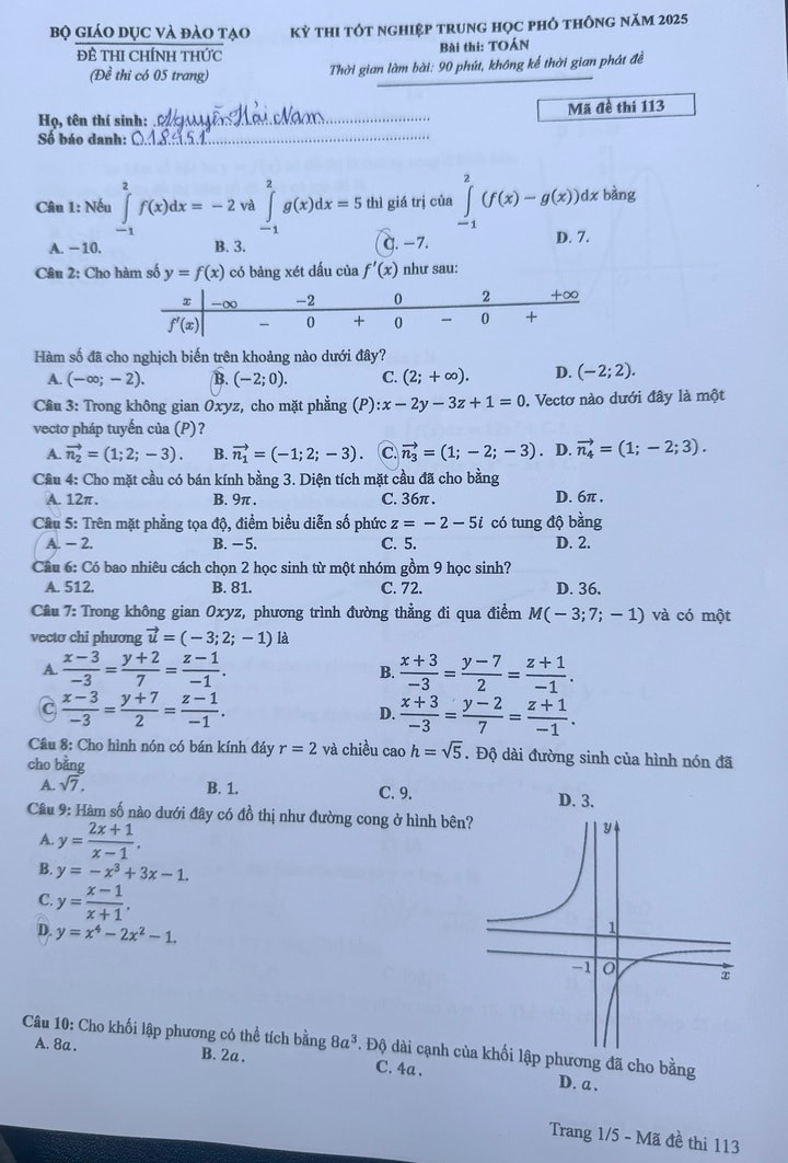 Đáp án đề thi môn Toán tốt nghiệp THPT 2025 Full mã đề chính xác - 1