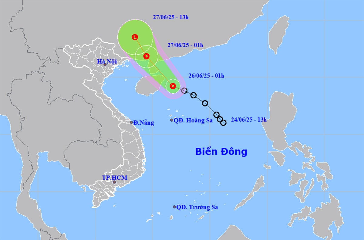 Bản đồ dự báo quỹ đạo và cường độ áp thấp nhiệt đới lúc 2h ngày 26/6. (Nguồn: NCHMF)