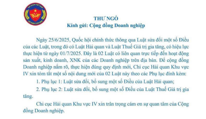 Thư ngỏ về điểm mới Luật Thuế giá trị gia tăng của Chi cục Hải quan Khu vực IV