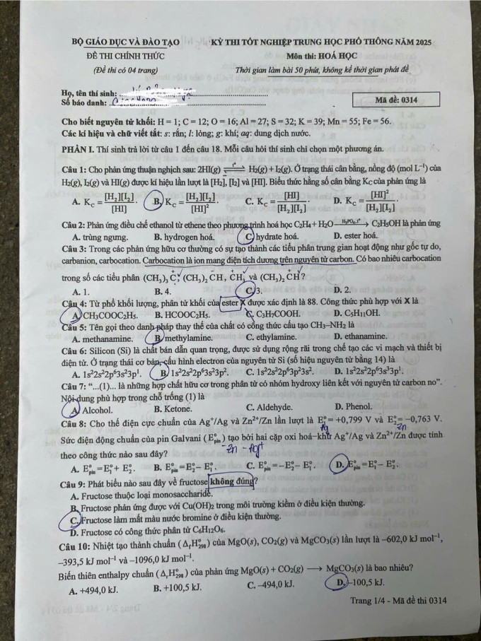 Đề và đáp án môn Hóa thi tốt nghiệp THPT 2025