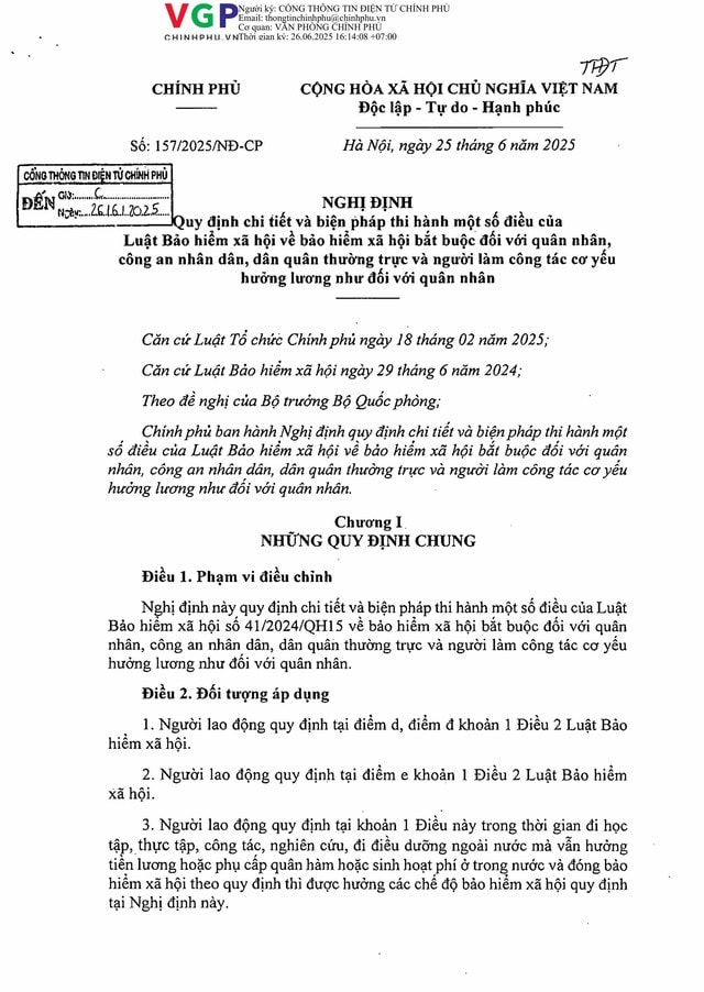 Nghị định 157/2025/NĐ-CP: Quy định mới về lương hưu, lộ trình nghỉ hưu, trợ cấp... đối với quân nhân, Công an, dân quân thường trực- Ảnh 1. Nghị định 157/2025/NĐ-CP: Quy định mới về lương hưu, lộ trình nghỉ hưu, trợ cấp... đối với quân nhân, Công an, dân quân thường trực- Ảnh 1.