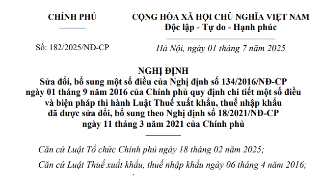 Đã có Nghị định 182/2025/NĐ-CP sửa đổi Nghị định 134/2016 hướng dẫn Luật Thuế xuất khẩu, thuế nhập khẩu