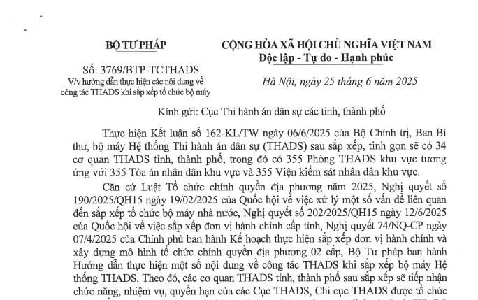 Công văn 3769: Hướng dẫn công tác thi hành án dân sự khi sắp xếp tổ chức bộ máy 