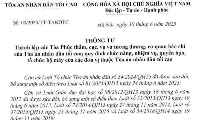 Đã có Thông tư 03/2025/TT-TANDTC thành lập Tòa Phúc thẩm và chức năng của Tòa án nhân dân tối cao