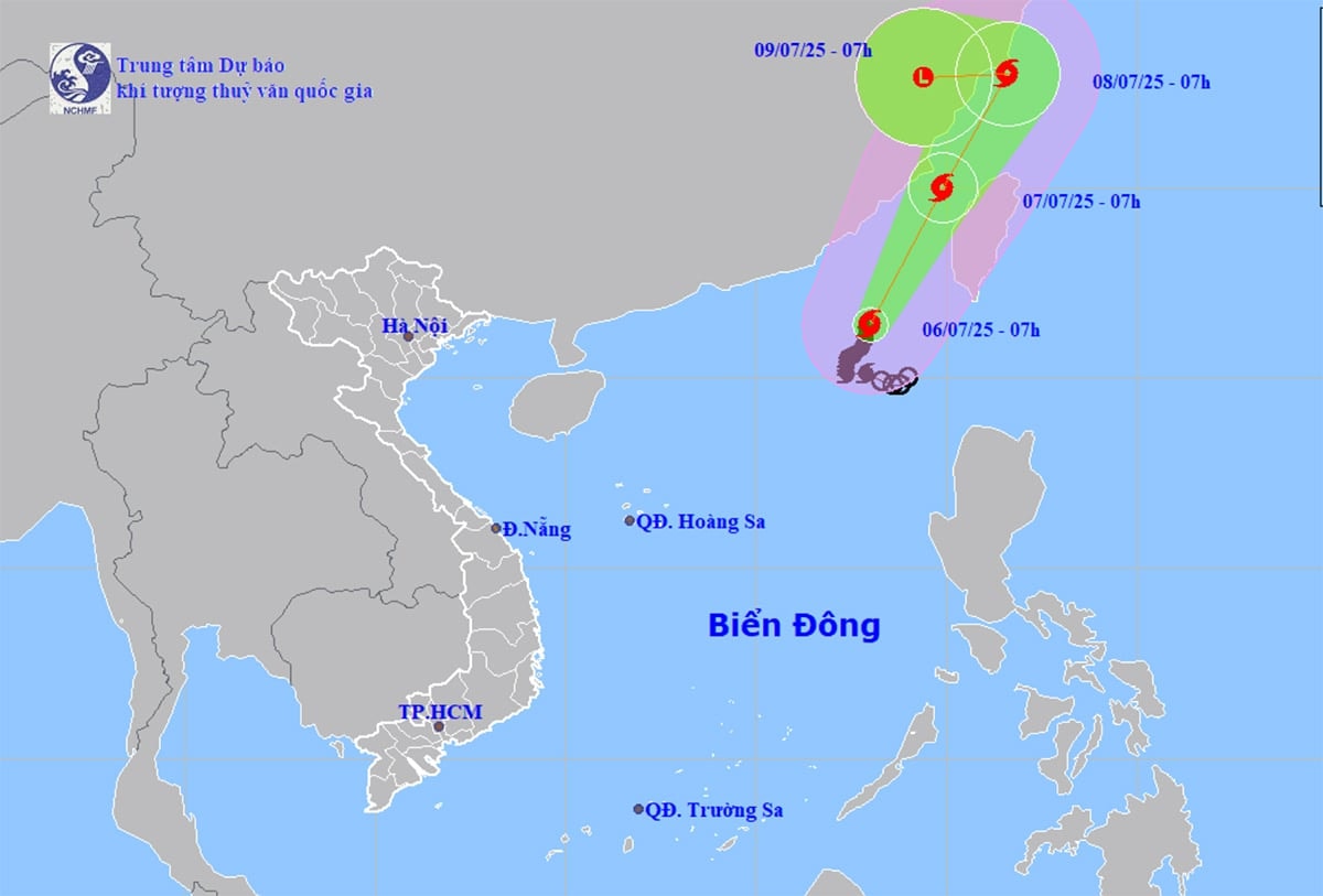 Dự báo đường đi, khu vực ảnh hưởng của bão số 2 lúc 7h ngày 6/7. (Nguồn: NCHMF)