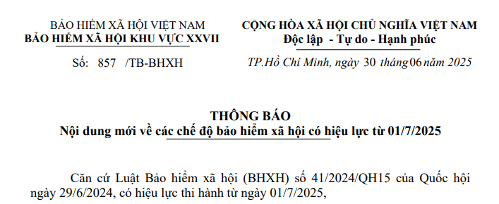 Thông báo 857: Tổng hợp các điểm mới về các chế độ bảo hiểm xã hội có hiệu lực từ 01/7/2025