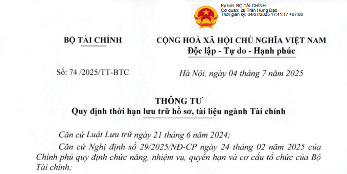 Đã có Thông tư 74/2025/TT-BTС quy định thời hạn lưu trữ hồ sơ, tài liệu ngành Tài chính