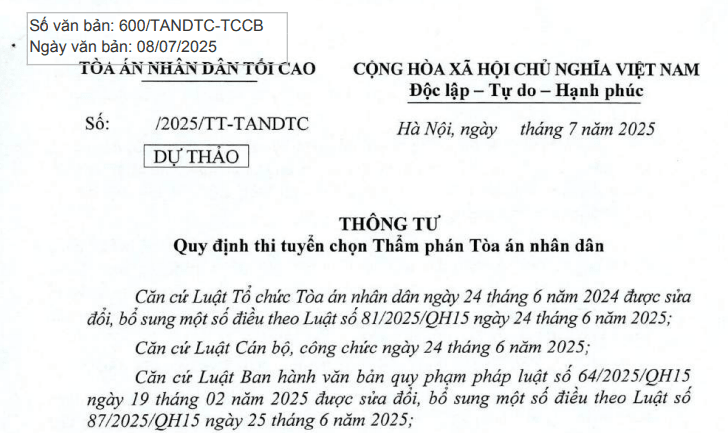 Đã có dự thảo Thông tư quy định thi tuyển chọn Thẩm phán Tòa án nhân dân