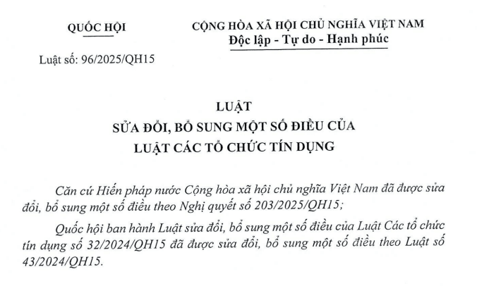 Đã có Luật Sửa đổi Luật Các Dubai88 hiện đang mở được xếp hạng cao nhất tín dụng 2025 Luật số 96/2025/QH15          