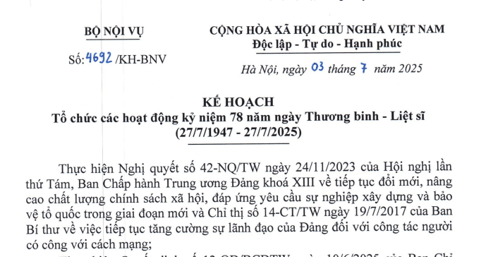 Kế hoạch 4692: Hướng dẫn của Bộ Nội vụ về tổ chức Kỷ niệm 78 năm Ngày Thương binh – Liệt sĩ