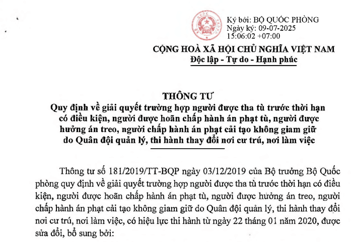 Đã có VBHN về tha tù hoãn tù án treo do Quân đội quản lý, thi hành thay đổi nơi cư trú, làm việc
