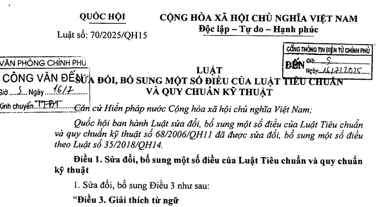 Đã có Luật sửa đổi Luật Tiêu chuẩn và quy chuẩn kỹ thuật 2025 (Luật số 70/2025/QH15)